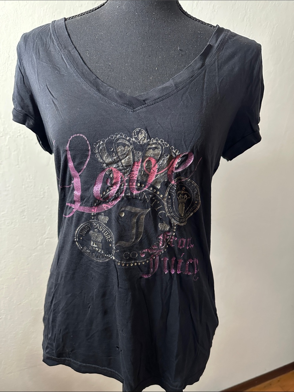 Juicy Couture Black V-Neck Tee with Pink Metallic 'Love' Graphic